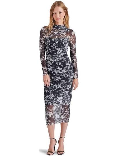 Steve Madden Maureen Black White Floral Long Sleeve Mesh Ruched Midi Dress Small
